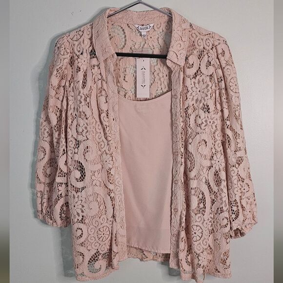 NWT Lace Long Sleeve Blouce Jacket & Camisole Set Size L PeachyPink. - Picture 1 of 7